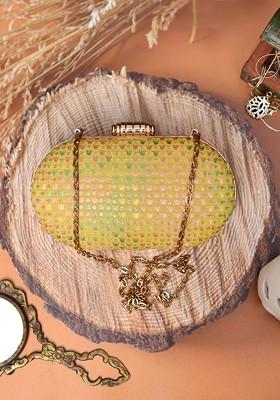 Yellow Satin Yellow And Gold Toned Embroidered Box Clutch