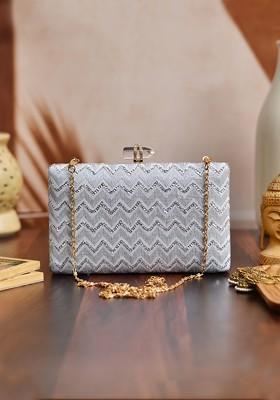 White Satin White Embroidered Box Clutch