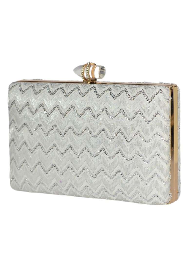 White Satin White Embroidered Box Clutch - Indya