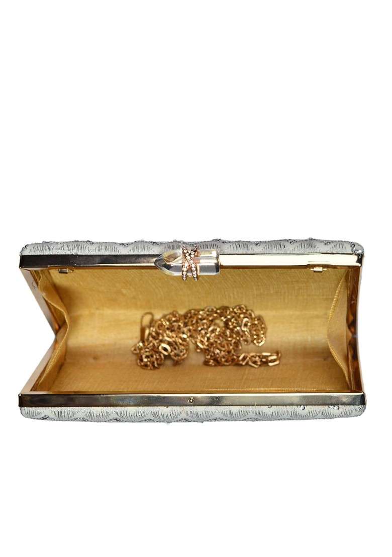 White Satin White Embroidered Box Clutch - Indya