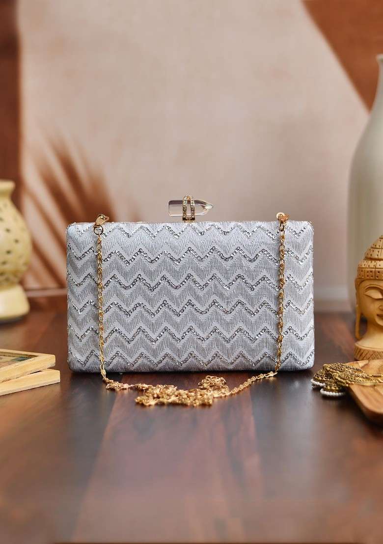 White Satin White Embroidered Box Clutch - Indya