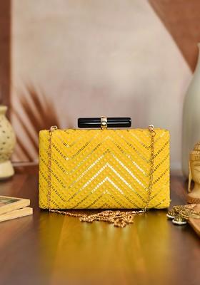 Yellow Satin Yellow And Gold Toned Embroidered Box Clutch
