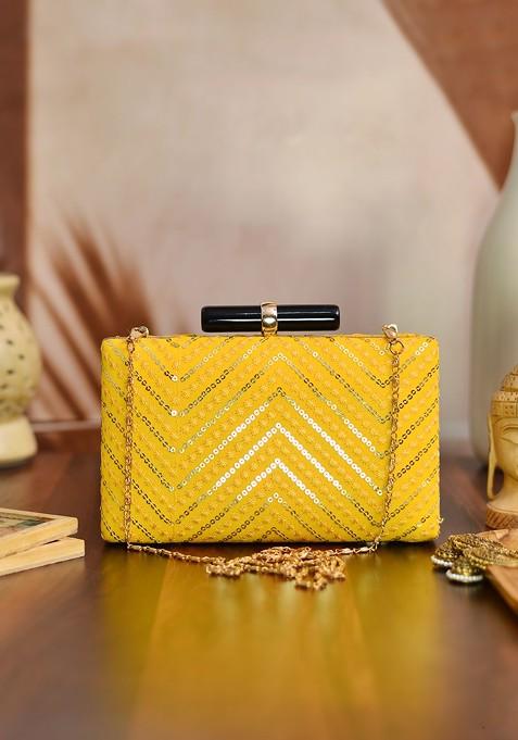 Yellow Satin Yellow And Gold Toned Embroidered Box Clutch