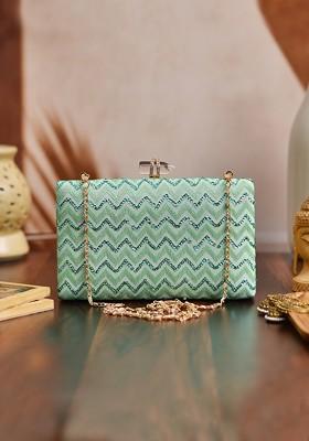 Turquoise Blue Satin Turquoise Blue And Gold Toned Embroidered Box Clutch