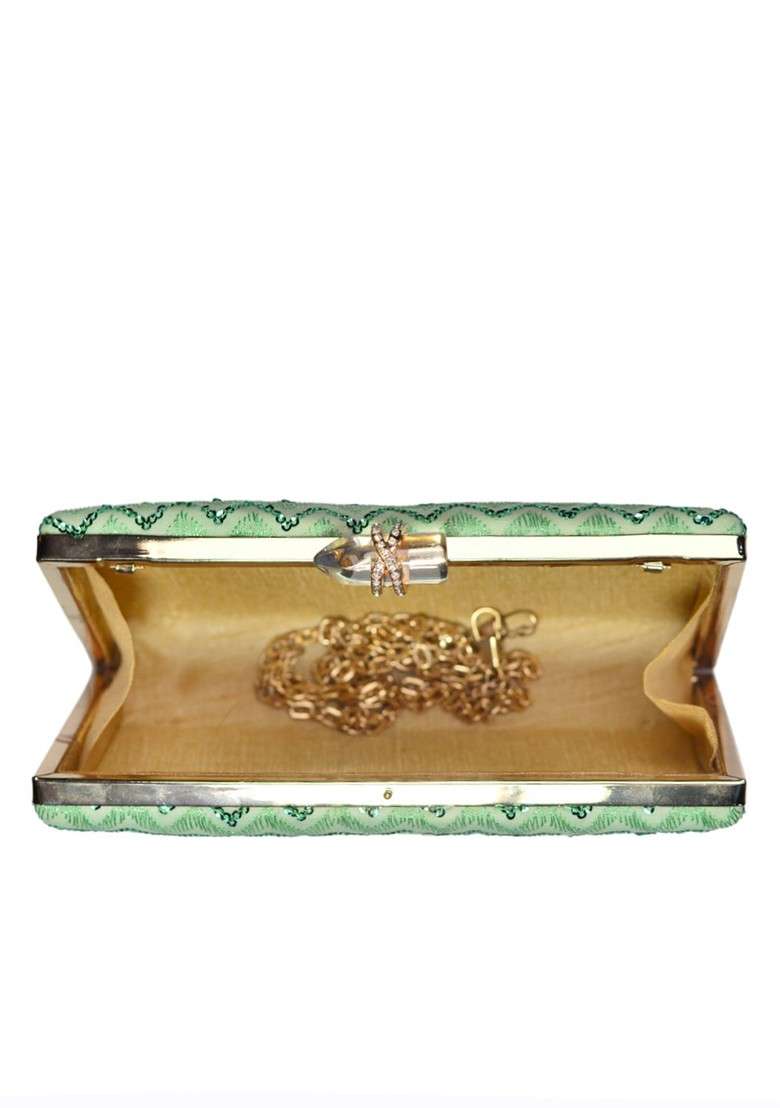 Turquoise Blue Satin Turquoise Blue And Gold Toned Embroidered Box Clutch - Indya