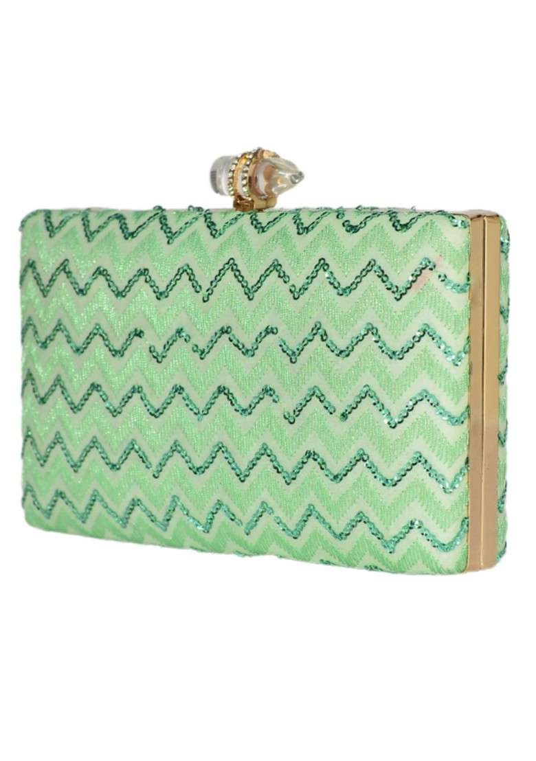 Turquoise Blue Satin Turquoise Blue And Gold Toned Embroidered Box Clutch - Indya