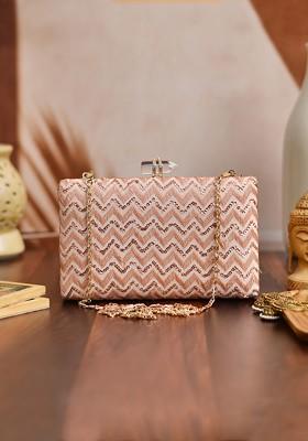 Peach Satin Peach Coloured And Gold Toned Embroidered Box Clutch