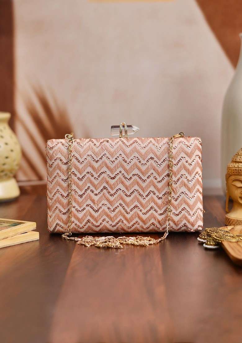 Peach Satin Peach Coloured And Gold Toned Embroidered Box Clutch - Indya