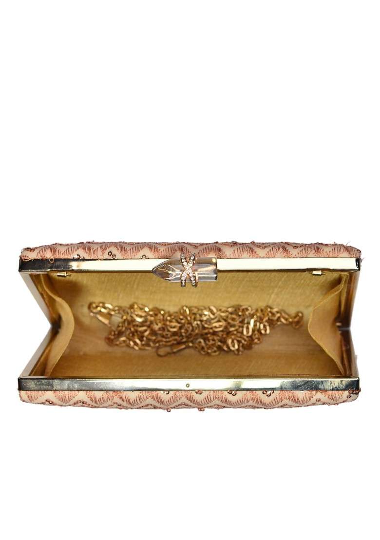 Peach Satin Peach Coloured And Gold Toned Embroidered Box Clutch - Indya