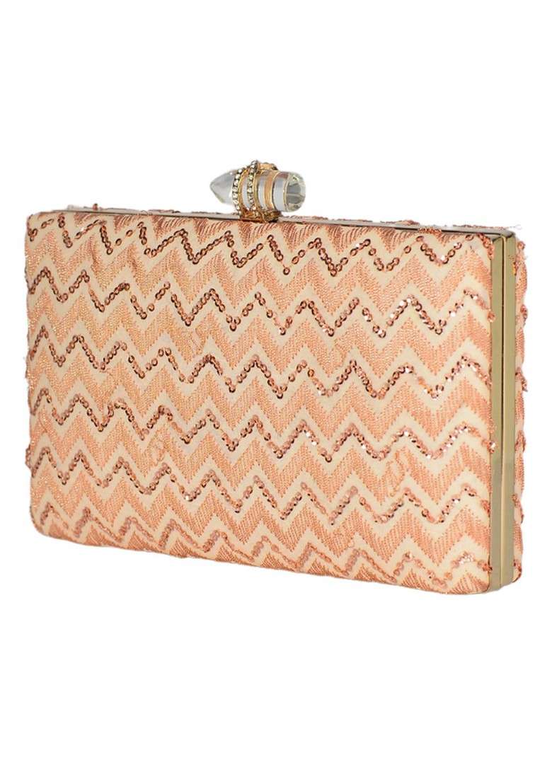 Peach Satin Peach Coloured And Gold Toned Embroidered Box Clutch - Indya