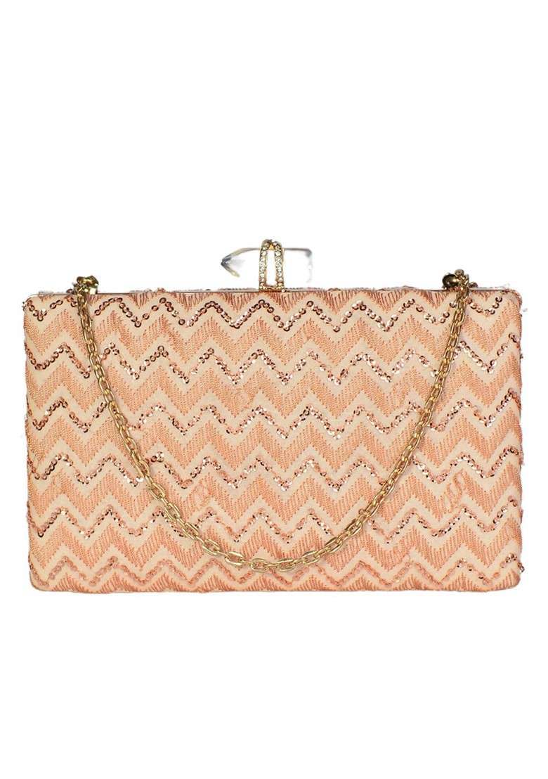 Peach Satin Peach Coloured And Gold Toned Embroidered Box Clutch - Indya