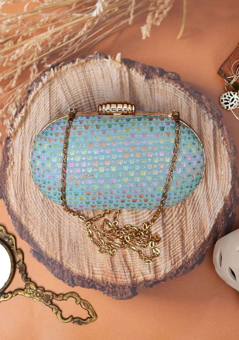 Blue Satin Blue And Gold Toned Embroidered Capsule Clutch - Indya