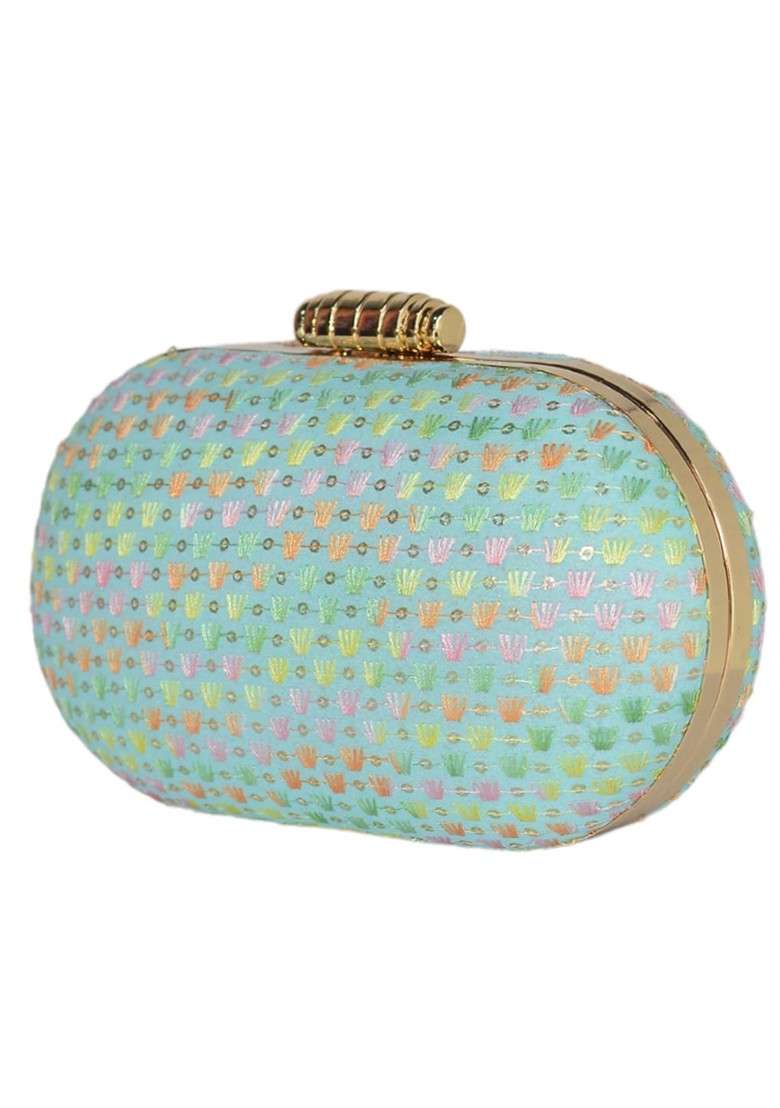 Blue Satin Blue And Gold Toned Embroidered Capsule Clutch - Indya