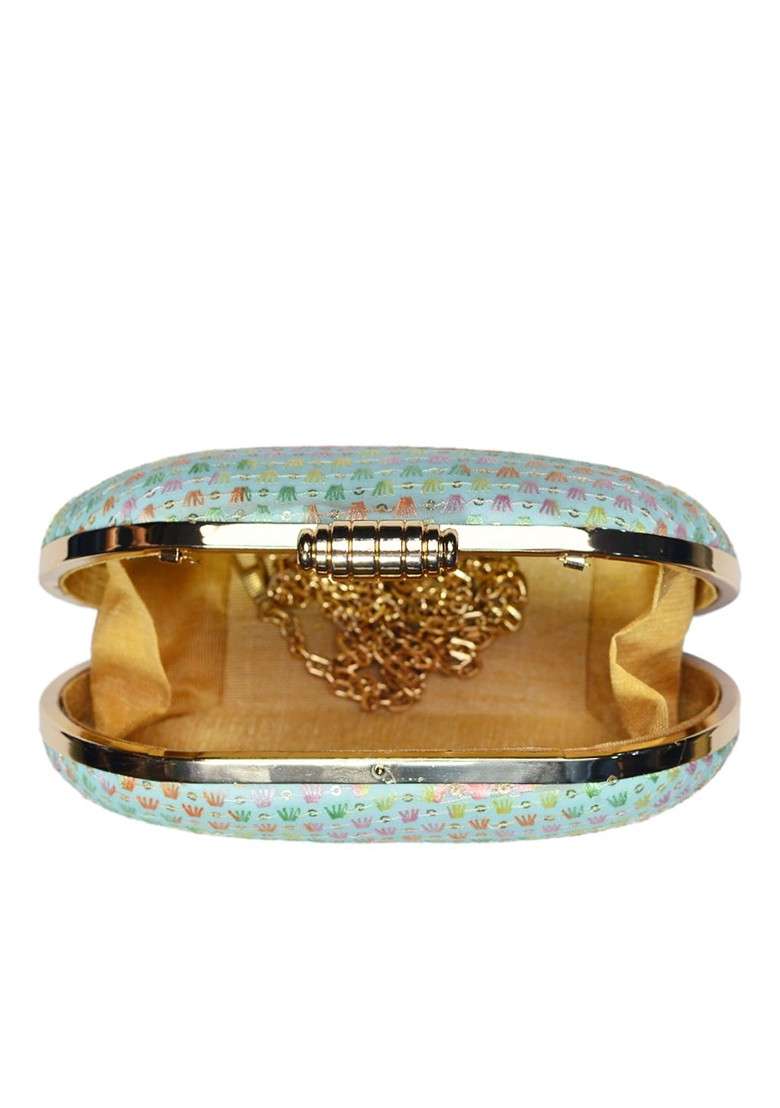 Blue Satin Blue And Gold Toned Embroidered Capsule Clutch - Indya