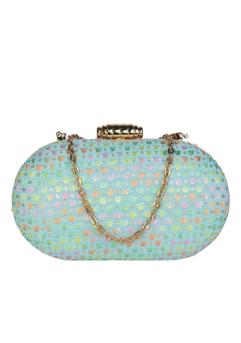 Blue Satin Blue And Gold Toned Embroidered Capsule Clutch - Indya