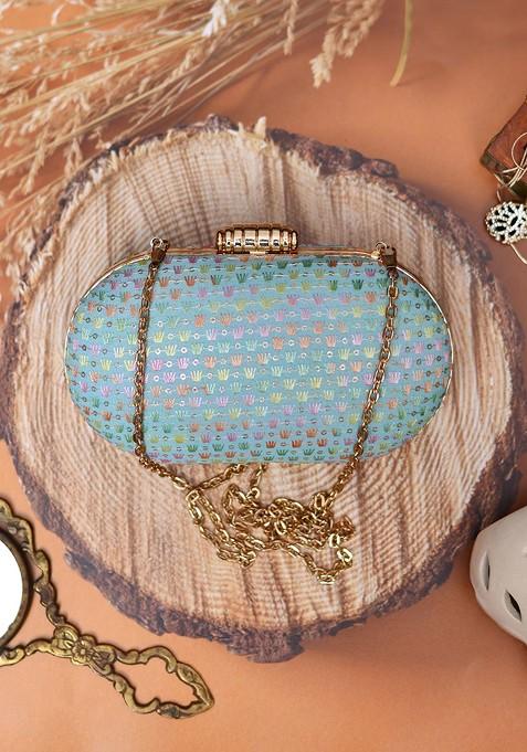 Blue Satin Blue And Gold Toned Embroidered Capsule Clutch