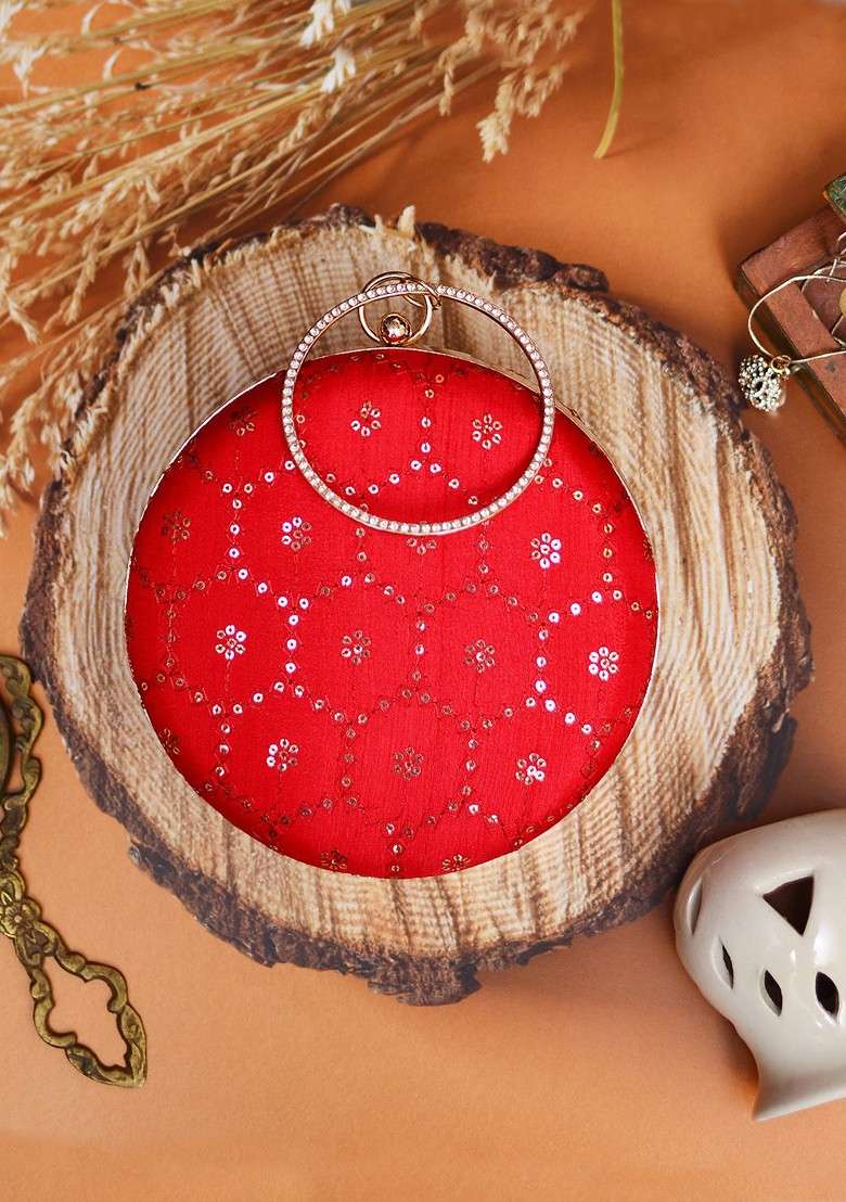 Red Satin Red Embroidered Round Clutch - Indya