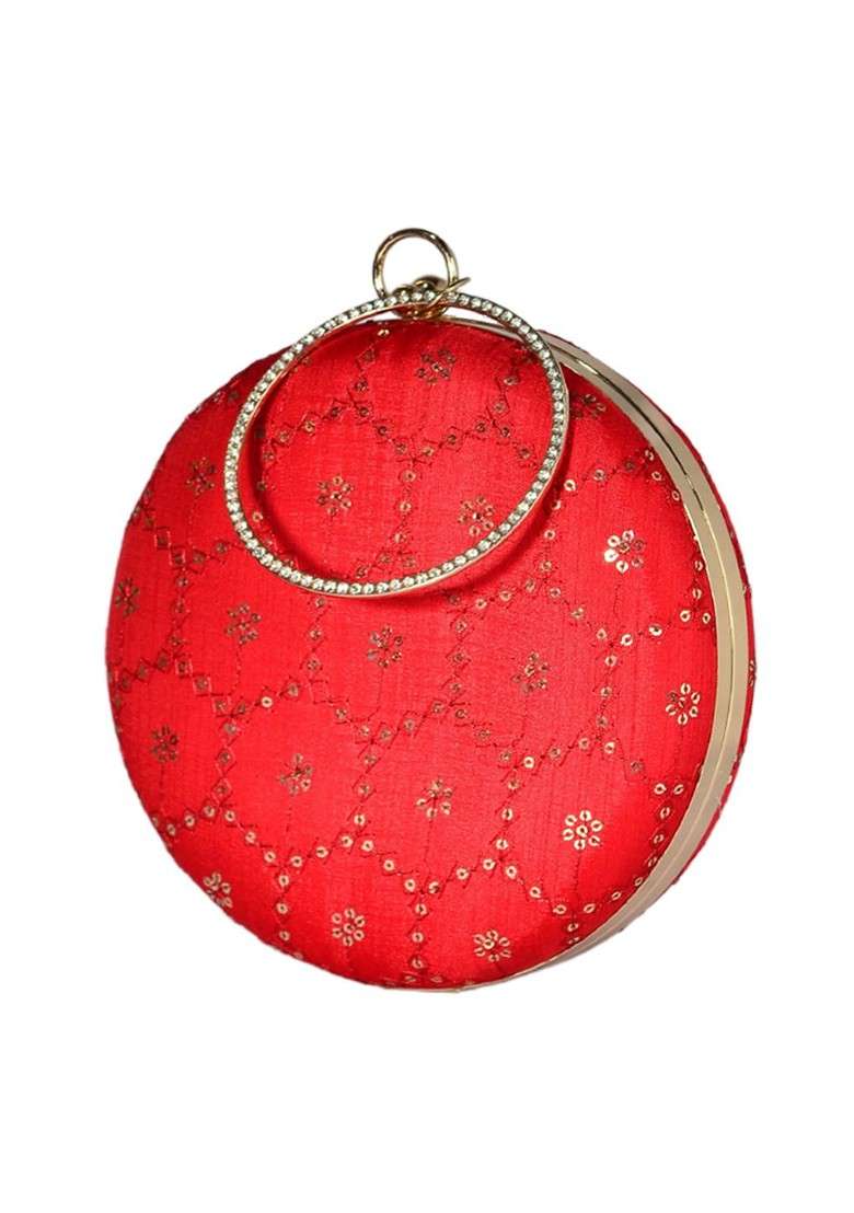 Red Satin Red Embroidered Round Clutch - Indya