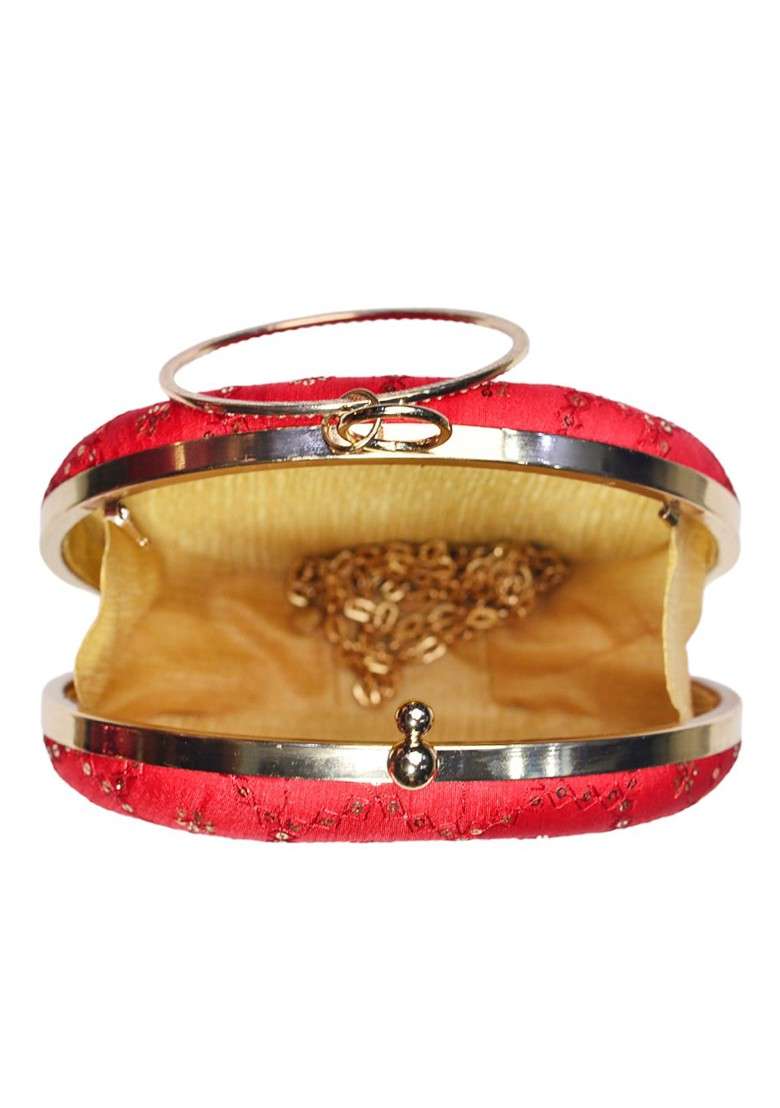 Red Satin Red Embroidered Round Clutch - Indya