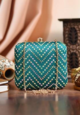 Green Satin Green And Gold Toned Embroidered Box Clutch