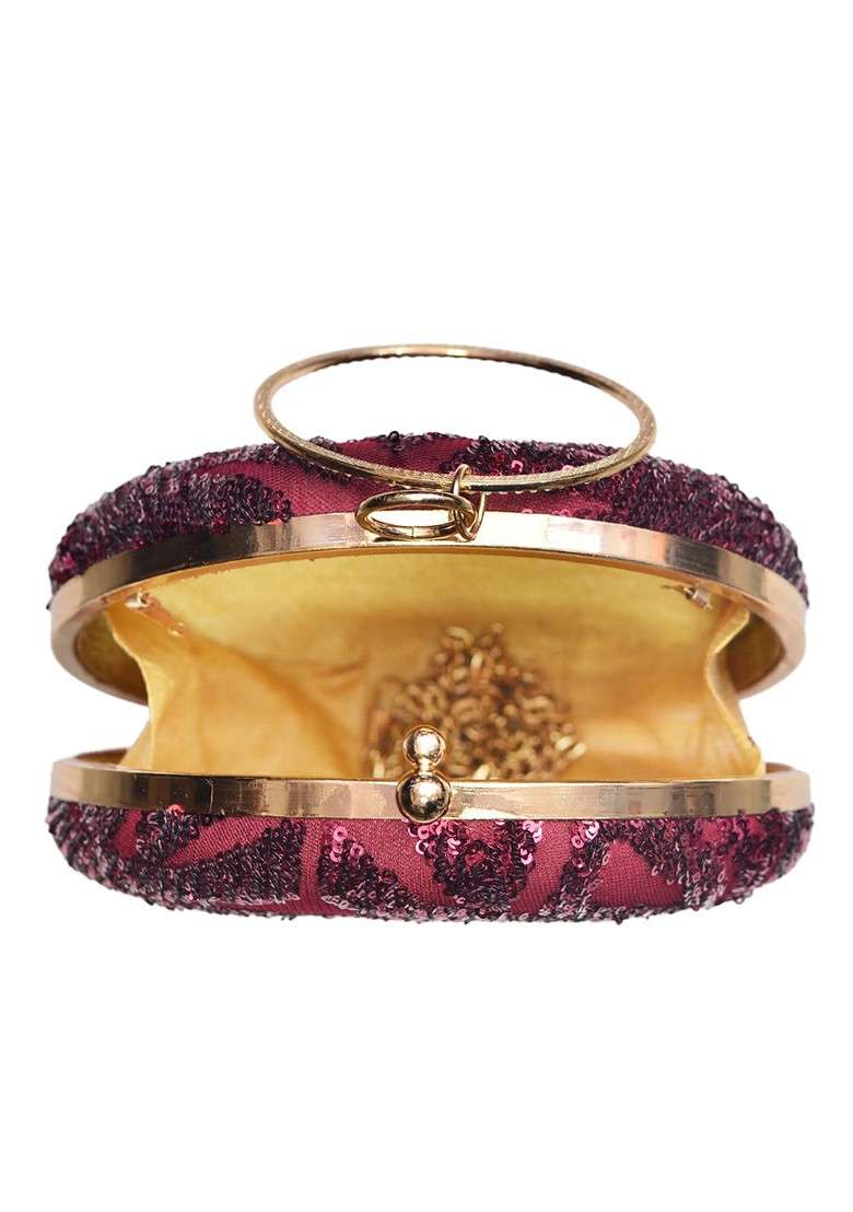 Purple Satin Purple And Gold Toned Embroidered Embellished Round Clutch - Indya