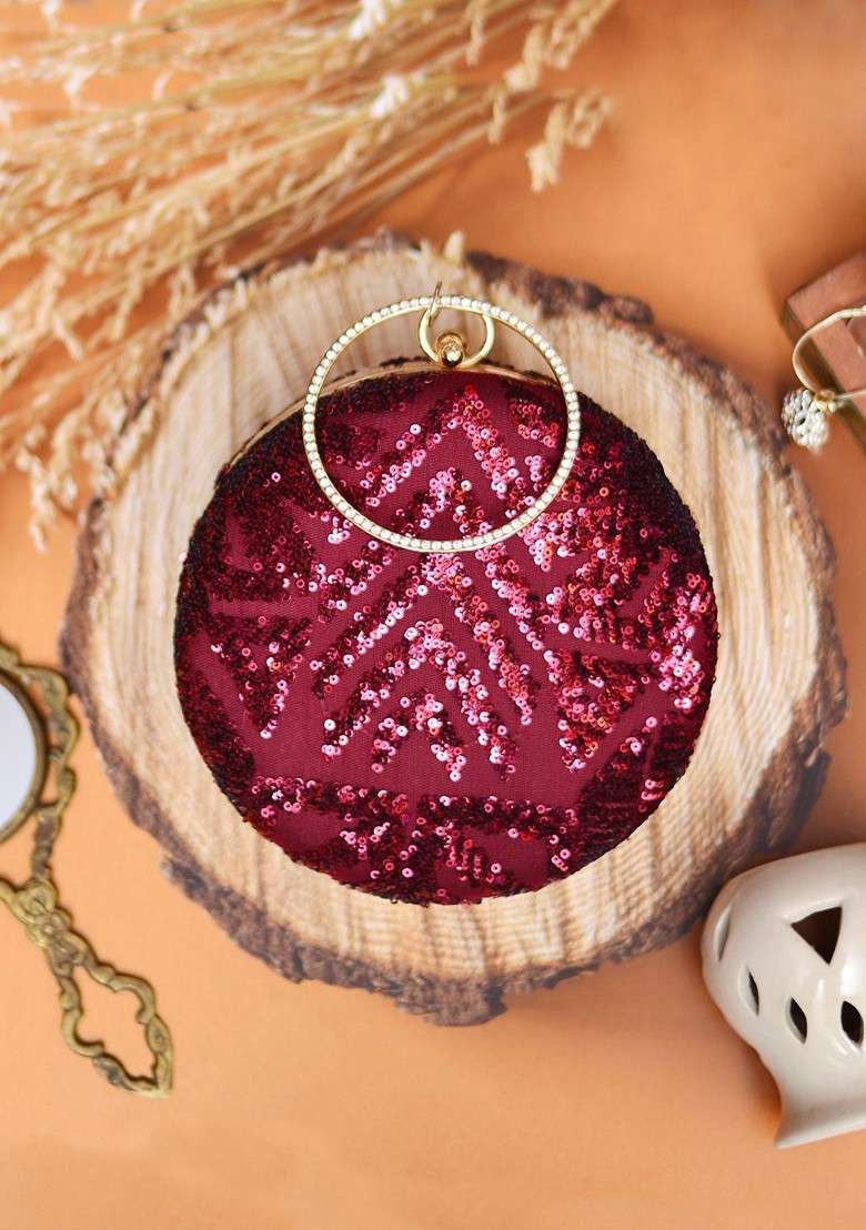 Purple Satin Purple And Gold Toned Embroidered Embellished Round Clutch - Indya