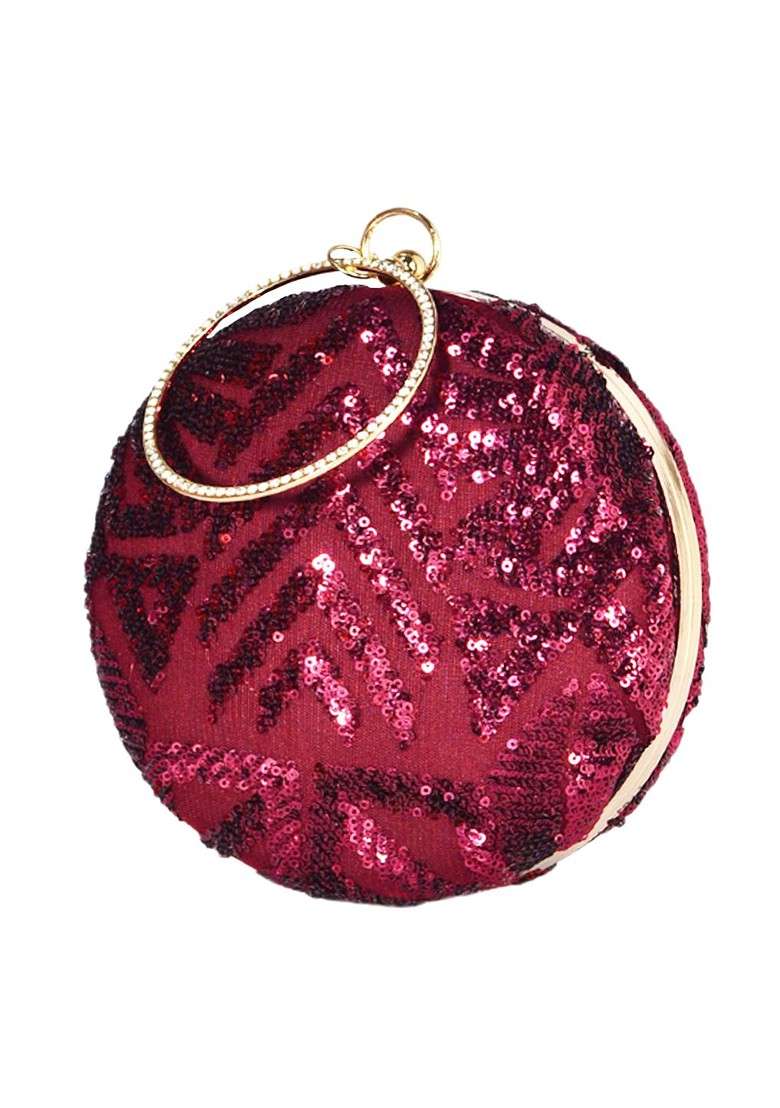 Purple Satin Purple And Gold Toned Embroidered Embellished Round Clutch - Indya