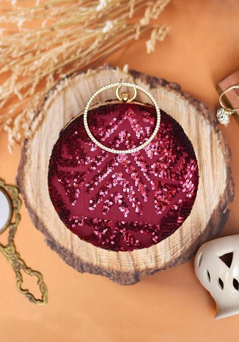 Purple Satin Purple And Gold Toned Embroidered Embellished Round Clutch