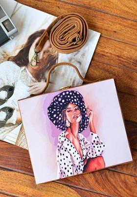 Purple Fabric Purple And Black Printed Box Clutch