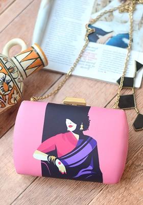 Pink Fabric Pink And Blue Printed Box Clutch