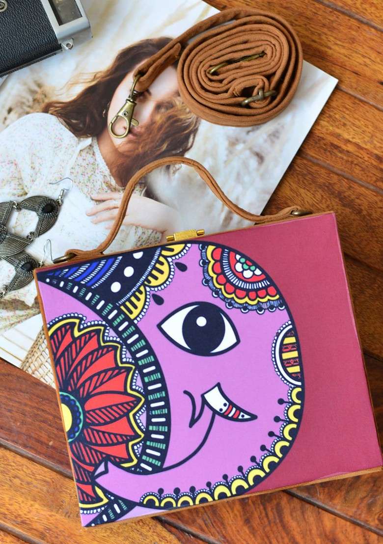 Brown Fabric Brown And Purple Printed Box Clutch - Indya