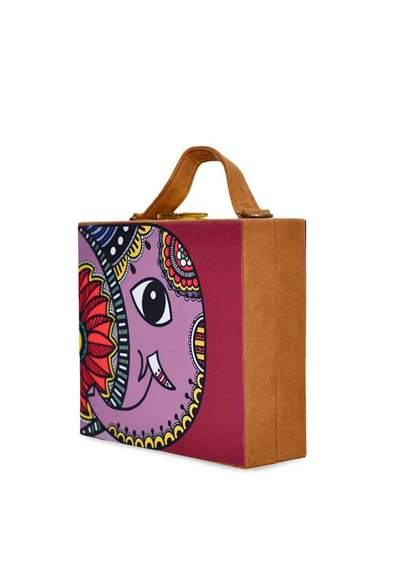 Brown Fabric Brown And Purple Printed Box Clutch - Indya
