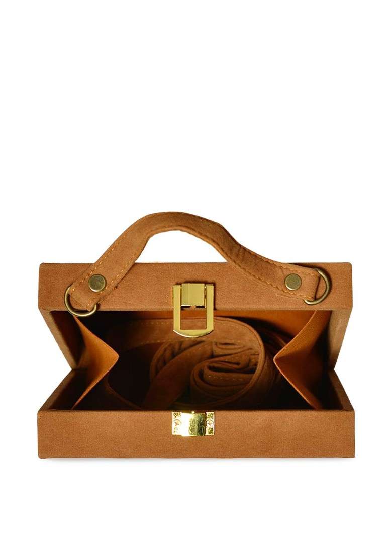 Brown Fabric Brown And Purple Printed Box Clutch - Indya