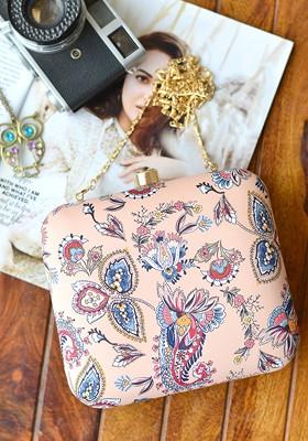 Peach Fabric Peach Coloured And Blue Printed Box Clutch