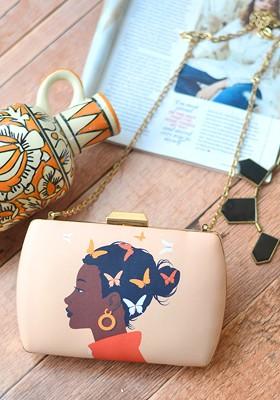 Peach Fabric Peach Coloured And Blue Printed Box Clutch