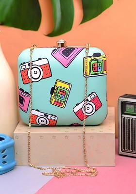 Sea Green Fabric Sea Green And Pink Printed Box Clutch