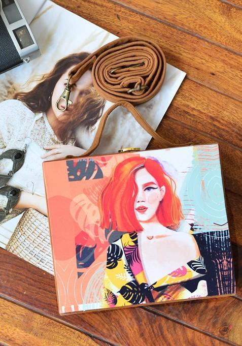 Pink Fabric Pink And Blue Printed Box Clutch