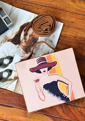 Beige Fabric Women Beige And Black Printed Box Clutch