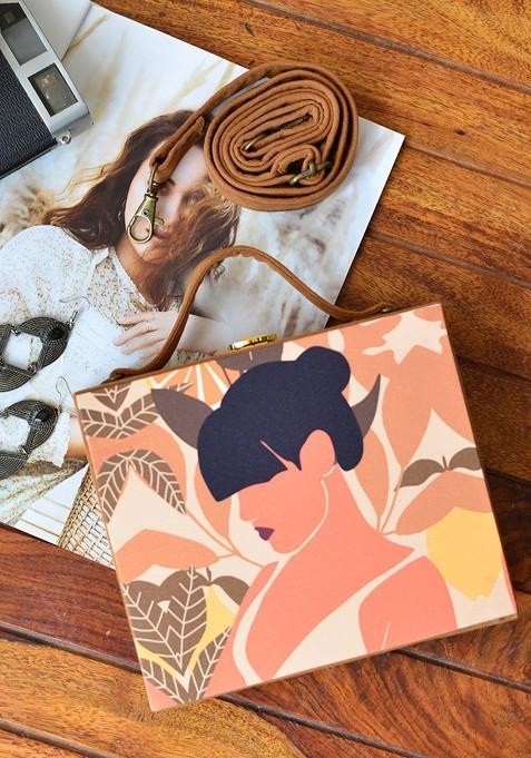 Tan Fabric Tan And Black Printed Box Clutch