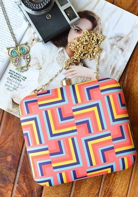 Peach Fabric Peach Coloured And Blue Printed Box Clutch