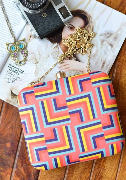 Peach Fabric Peach Coloured And Blue Printed Box Clutch