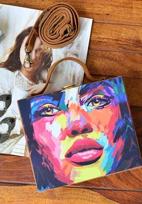 Blue Fabric Blue And Pink Printed Box Clutch