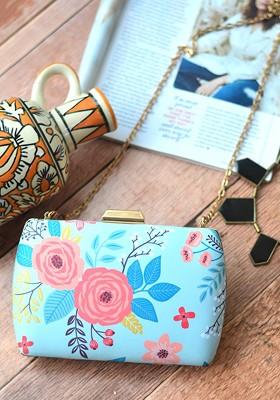 Blue Fabric Women Blue And Pink Floral Printed Fabric Box Clutch