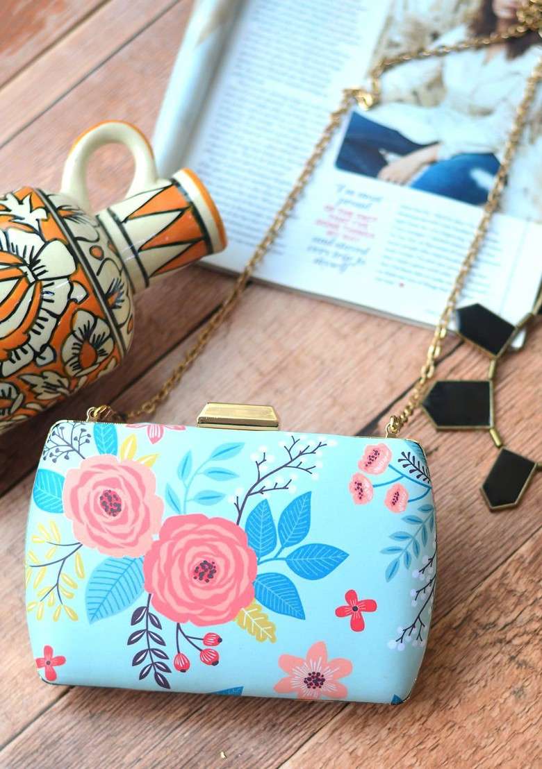 Blue Fabric Women Blue And Pink Floral Printed Fabric Box Clutch - Indya