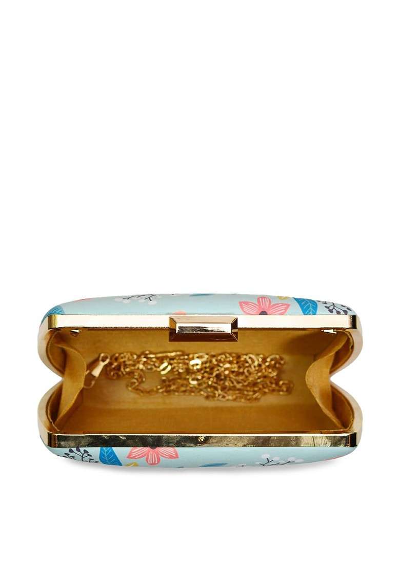 Blue Fabric Women Blue And Pink Floral Printed Fabric Box Clutch - Indya