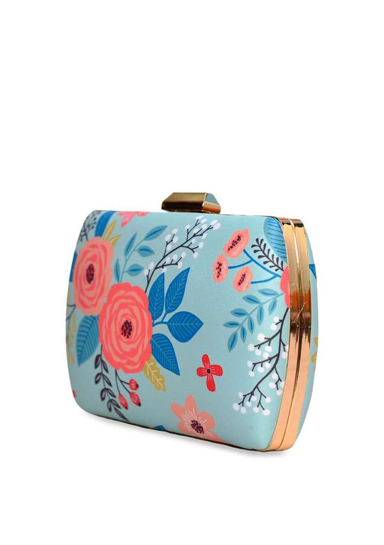 Blue Fabric Women Blue And Pink Floral Printed Fabric Box Clutch - Indya