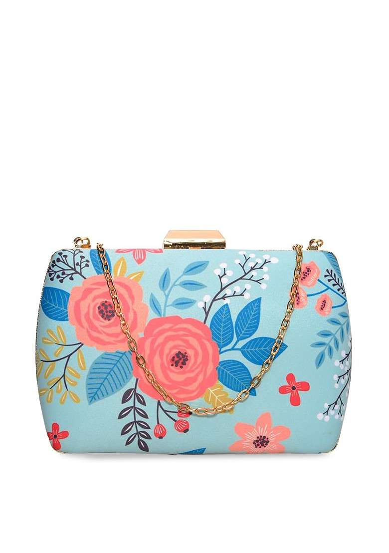 Blue Fabric Women Blue And Pink Floral Printed Fabric Box Clutch - Indya