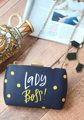 Black Fabric Black And Yellow Lady Boss Typography Printed Box Clutch