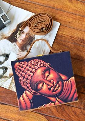 Black Fabric Black And Brown Printed Box Clutch