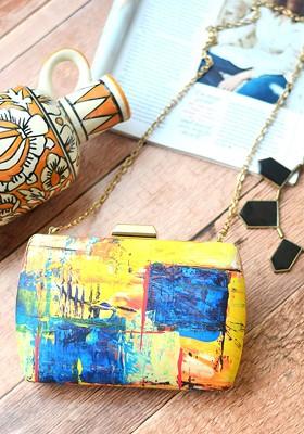 Yellow Fabric Women Yellow And Blue Printed Box Clutch
